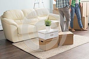 Moving boxes on carpet infront of young couple and sofa