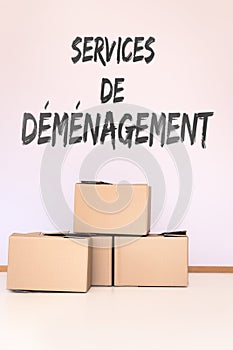 moving boxes in front of a wall, france text which means moving service