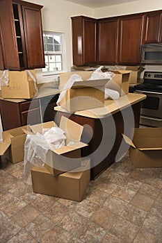 Moving boxes in kitchen.