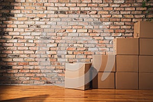 Moving boxes leans against a brick wall. Concept for moving in. Stack of boxes in the empty room with copy space