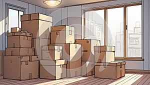 Moving boxes stacked in empty room with city view