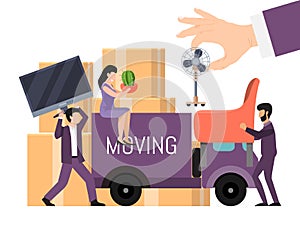 Moving with boxes to new home vector illustration. Paper cardboard box with various belongings. Things package for