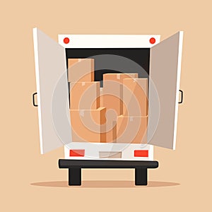 Moving with boxes. Transport company. Cartoon vector illustration