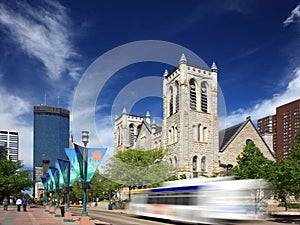 Moving bus on Nicollet Mall street in Minneapolis