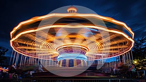 Moving carousel at evening, long exposure, light trails.
