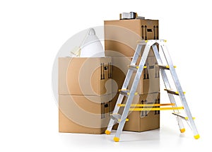 Moving carton boxes stack with ladder