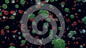 Moving cells of virus and blood on black background. Animation. Pathogens move in blood of person infected with