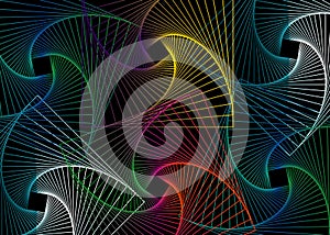 Moving colorful spiral lines of abstract black background. Fractal geometric twirls multicolors. Vector Futuristic Template