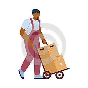Moving company loader with boxes on cart, flat vector illustration isolated.