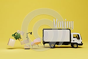 moving company services. boxes of things, a truck and the inscription moving on a yellow background. 3D render