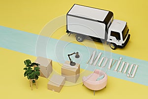 moving company services. boxes of things and a truck on a yellow background and the inscription moving . 3D render