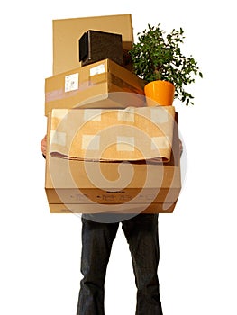 Moving Concept - Man holding Boxes isolated on white Background