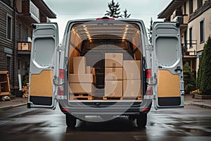 Moving concept Open cargo van with cardboard boxes loaded