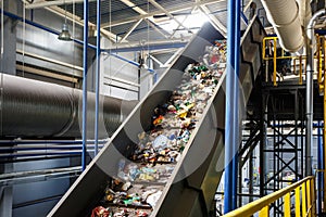 Moving conveyor transporter on Modern waste recycling processing plant. Separate and sorting garbage collection. Recycling and