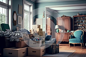 Moving day: a blue painted room with furniture packed and ready, Generative AI