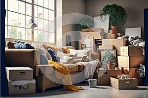 Moving day: a bright room with packed cardboard boxes, Generative AI