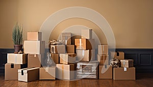 Moving day. Cardboard boxes in the room. Moving to another house or apartment. Generative AI