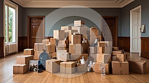 Moving day. Cardboard boxes in the room. Moving to another house or apartment. Generative AI