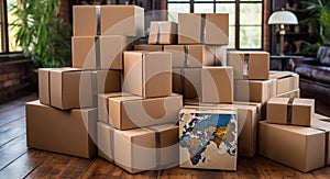 Moving day. Cardboard boxes in the room. Moving to another house or apartment. Generative AI