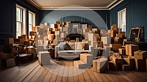 Moving day. Cardboard boxes in the room. Moving to another house or apartment. Generative AI