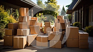 Moving day. Many cardboard boxes near the house. Moving to another house or apartment. Generative AI