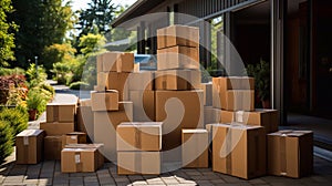 Moving day. Many cardboard boxes near the house. Moving to another house or apartment. Generative AI