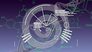 Moving DNA model and circular white diagram with green data on dark grey