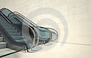 Moving escalator and empty wall in modern building