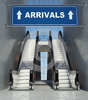 Moving escalator stairs in airport, arrivals sign