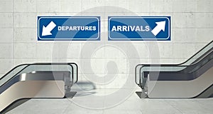 Moving escalator stairs, arrivals departures sign photo