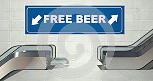 Moving escalator stairs, free beer sign