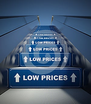 Moving escalator stairs to low prices, concept