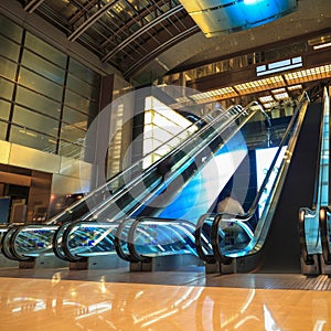 Moving escalators in lobby at night photo