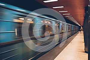 Moving fast metro train in the underground, high speed motion sh