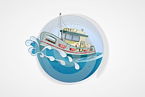 Moving fishing boat. Deep sea with wave. Round vector computer icons for applications or games. Logo and emblem template. Handdraw