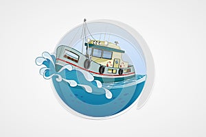 Moving fishing boat. Deep sea with wave. Round vector computer icons for applications or games. Logo and emblem template. Handdraw