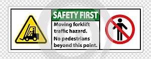 Moving forklift traffic hazard,No pedestrians beyond this point,Symbol Sign Isolate on transparent Background,Vector Illustration