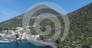 Moving forward aerial view of mediterranean sea coast with Rinella town.Nature environment outdoors travel establisher