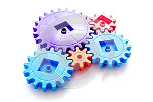 Moving forward concept, ideal operating principle with gears and wheels on white background