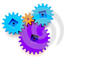 Moving forward concept, ideal operating principle with gears and wheels on white background top view mock up