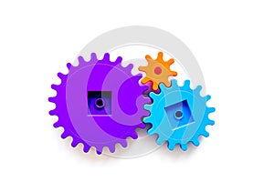 Moving forward concept, ideal operating principle with gears and wheels on white background top view mock up