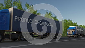 Moving freight semi trucks with PRODUCT OF CALIFORNIA caption on the trailer. Road cargo transportation. 3D rendering