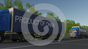 Moving freight semi trucks with PRODUCT OF CHINA caption on the trailer. Road cargo transportation. 3D rendering