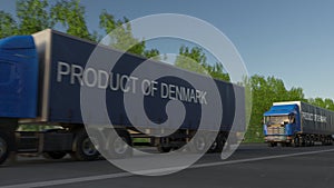 Moving freight semi trucks with PRODUCT OF DENMARK caption on the trailer. Road cargo transportation. 3D rendering