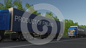 Moving freight semi trucks with PRODUCT OF FINLAND caption on the trailer. Road cargo transportation. 3D rendering