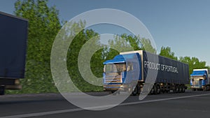 Moving freight semi trucks with PRODUCT OF PORTUGAL caption on the trailer