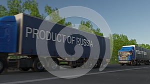 Moving freight semi trucks with PRODUCT OF RUSSIA caption on the trailer. Road cargo transportation. 3D rendering