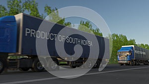 Moving freight semi trucks with PRODUCT OF SOUTH KOREA caption on the trailer. Road cargo transportation. 3D rendering