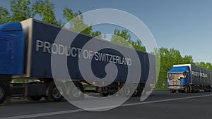 Moving freight semi trucks with PRODUCT OF SWITZERLAND caption on the trailer. Road cargo transportation. 3D rendering