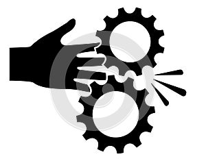 Moving gears danger sign, hands accident pictogram